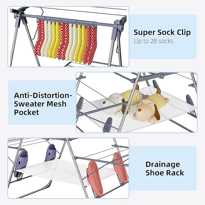 SZJoyBet Clothes Drying Rack, Foldable 2-Level Laundry Drying Rack for Clothes,Stainless Steel Drying Rack Clothing Collapsible for Indoor Outdoor,with Height-Adjustable Wings