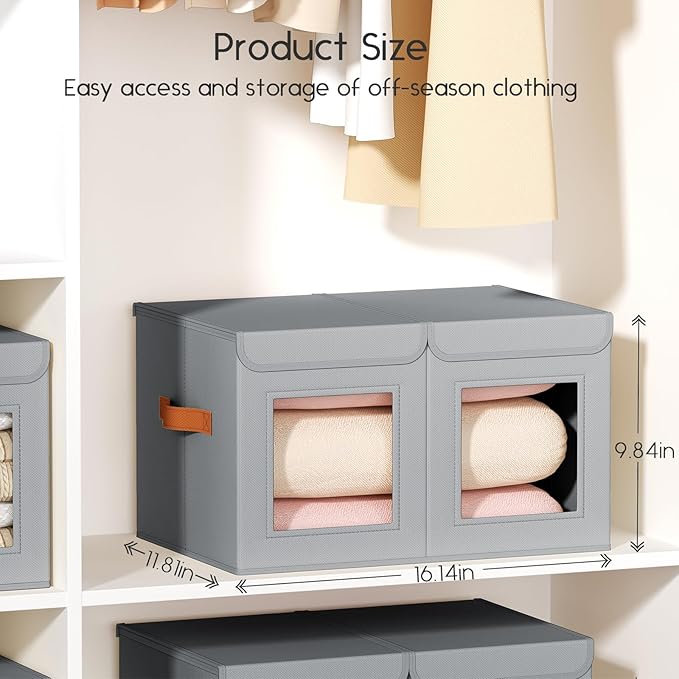 Large Closet Storage Bins - Collapsible Divided Clothes Organizer with Lids & Dual Window, Fabric Organizing Bins for Clothes, Sweater, Bedroom, Office (Grey, 2 Pack)