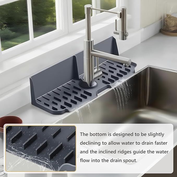 Sink Splash Guard Behind Faucet, Silicone Sink Faucet Drying Mat & Dish Soap Sponge Holder, 17" x 5.5" Silicone Kitchen Sink Auto Drain Organizer (Grey)