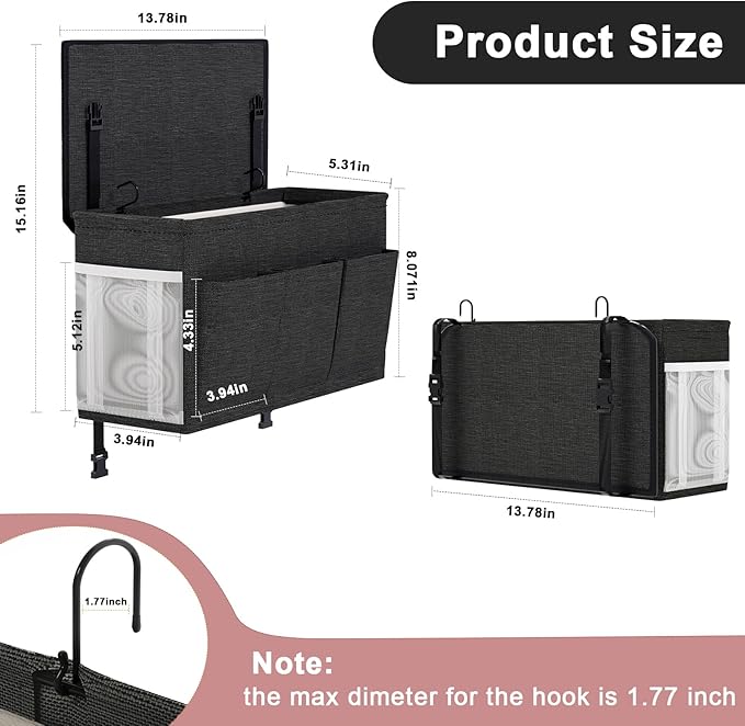 Dual-purpose Bedside Caddy Bedside Organizer, Bed Caddy with 6 Pockets, Versatile Bedside Storage Solution Magazine Remotes holder, ideal for Home, Dorm, Hospital, Crib Bed (Black 2 pcs)