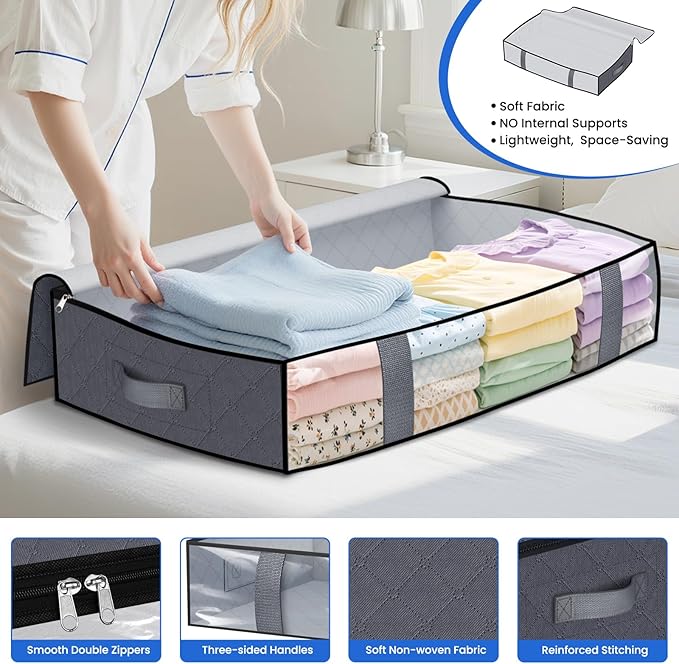 Under Bed Storage Containers, 6 Pack Blanket Storage Bags, Collapsible Storage Bags with Big Zippers, Clear Front, Shoe Storage and Organization for Clothes, Comforter, 75L, Grey