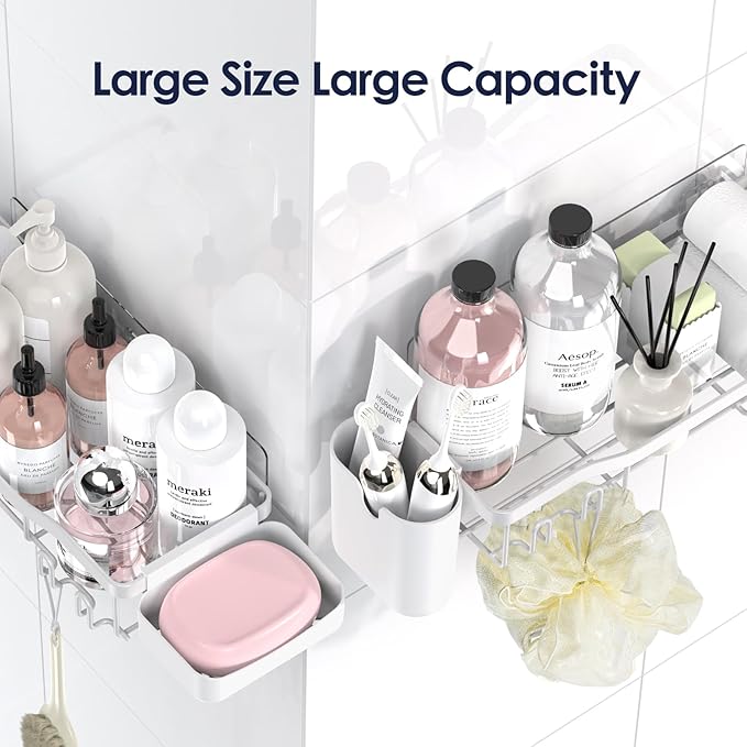 Shower Caddy Adhesive Shower Organizer 7-Pack, Rustproof Stainless Steel Bathroom Shelves, Large Capacity No-Drill Rack Storage Accessories with Soap Dish Toothbrush Holder Hooks