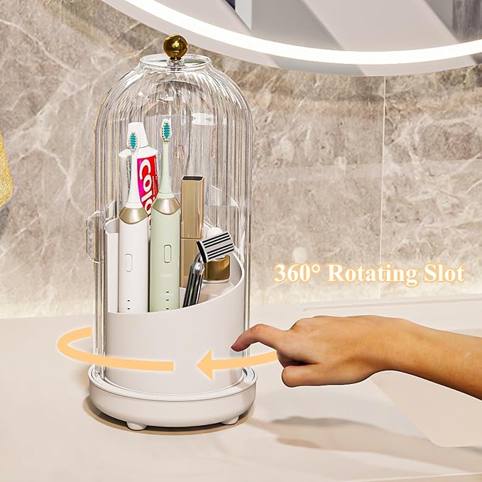 Zufudo Toothbrush Holders with Cover, Drainage Rotating Electric Toothbrush Organizer, 3 Slots Tooth Brush Holder for Bathroom Counter, Transparent