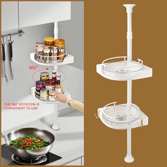 2-Tier Corner Spice Rack Organizer – 360° Rotatable, 19.68-43.5" Height Adjustable, 11LBS Load-Bearing with Hooks – Space-Saving for Kitchen Counter/Cabinet Gaps, Tame Seasoning Clutter (White)