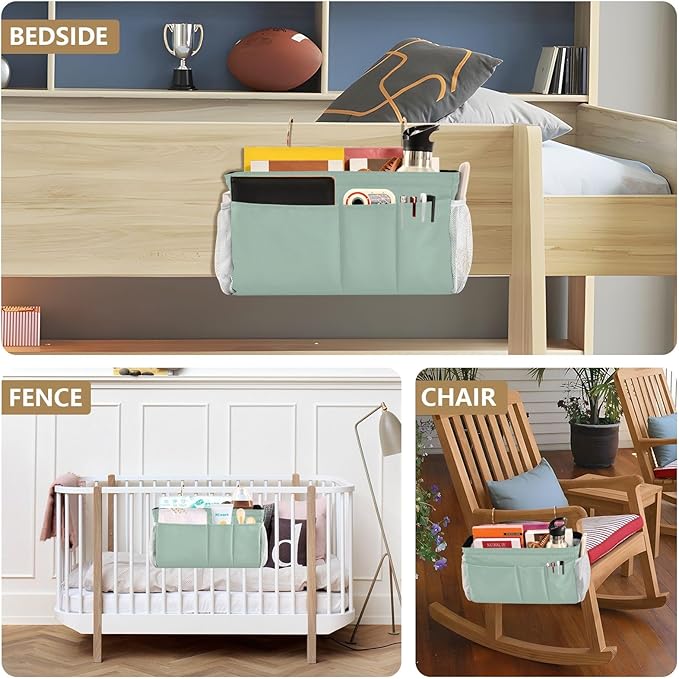 KOPIRIT Cyan Gray Bedside Caddy Storage Bag Bedside Organizer for College Dorm Top Bunk Bed Bedside Shelf Hanging Organizer 6 Pockets with Hooks for Magazine Water Bottle Holder