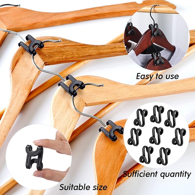 Unittype 200 Pcs Space Saving Hanger Hooks, Clothes Hanger Connector Hooks, Heavy Duty Space Saver Extender Clips for Closet Organizers (Black)