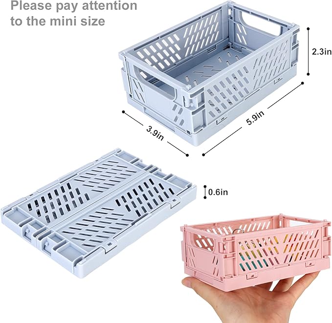 4-Pack Mini Plastic Baskets for Shelf Storage Organizing, Durable and Reliable Folding Storage Crate, Ideal for Home Kitchen Classroom and Office Organization, Bathroom Storage (5.9 x 3.8 x 2.2)