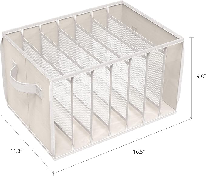Zilink Upgraded Wardrobe Clothes Organizer with Support Board Clear Pants Organizer for Closet with 7 Grids Divider Extra Large Closet Drawer Organizer for Jean Pant Sweaters T-Shirt, 6 Pack, Beige