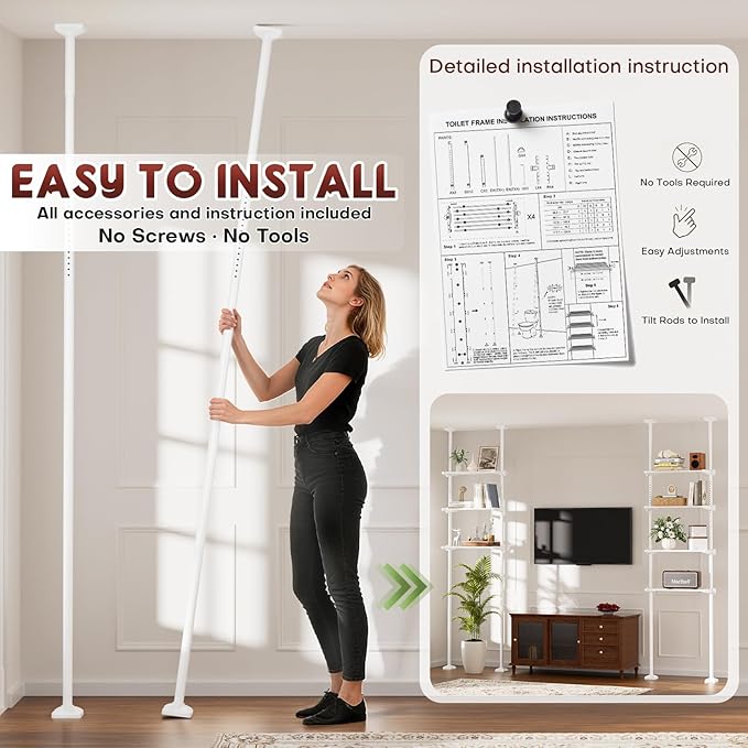 Goovilla Over The Toilet Storage Shelf, 4 Tier Bathroom Organizer Shelves with 64-124inch(H) 15-27inch(W) Adjustable No Drilling Tension Mounting, White Space Saver Bathroom Shelf Rack Above Toilet