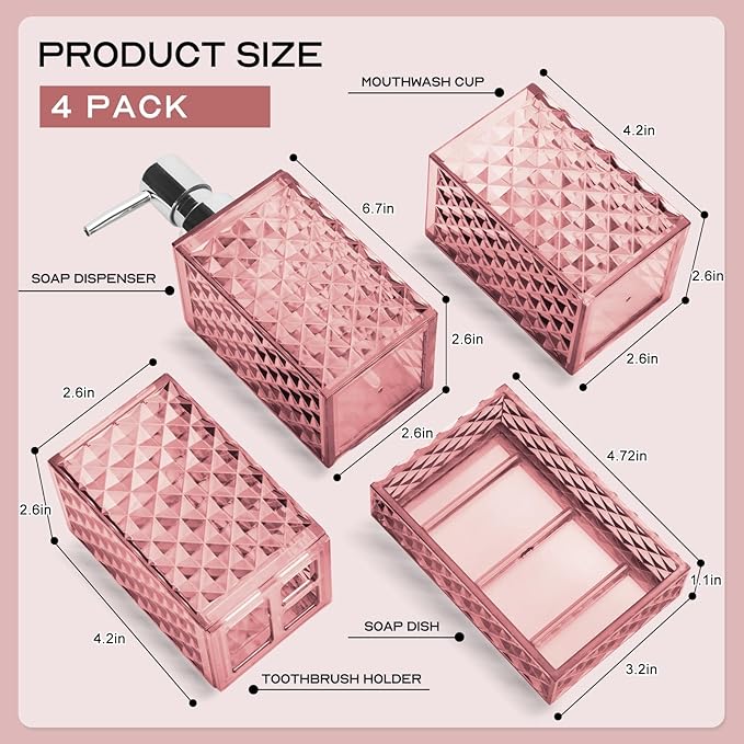 Bathroom Accessory Set, Grid Pattern 4 Pcs Plastic Bathroom Set Include Soap Dispenser, Soap Dish, Toothbrush Holder, Mousewash Cup, Modern Bahtroom Décor Set(Pink)