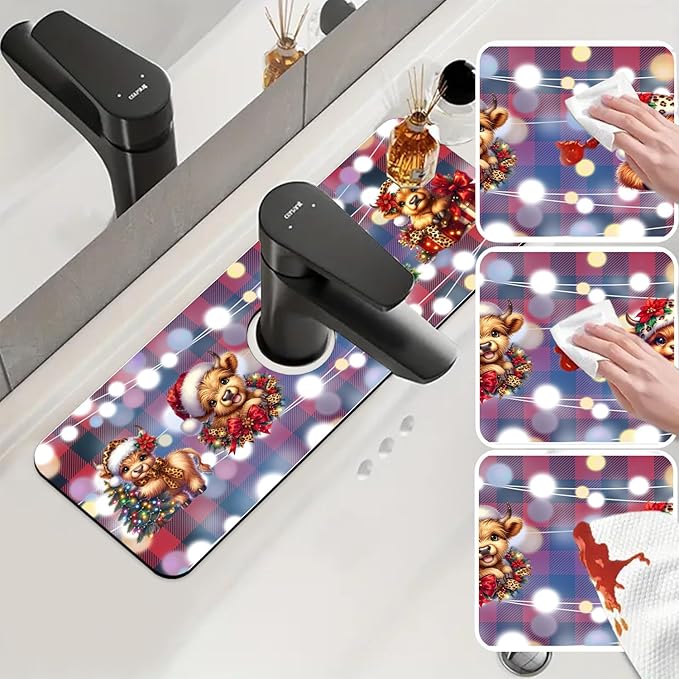 Chrismas Sink Splash Guard Faucet Mat Cute Christmas Absorbent Fast Drying Mat Sink Gadgets Splash Guard Behind Faucet Drip Catcher for Kitchen Bathroom 15.5"X5.5"