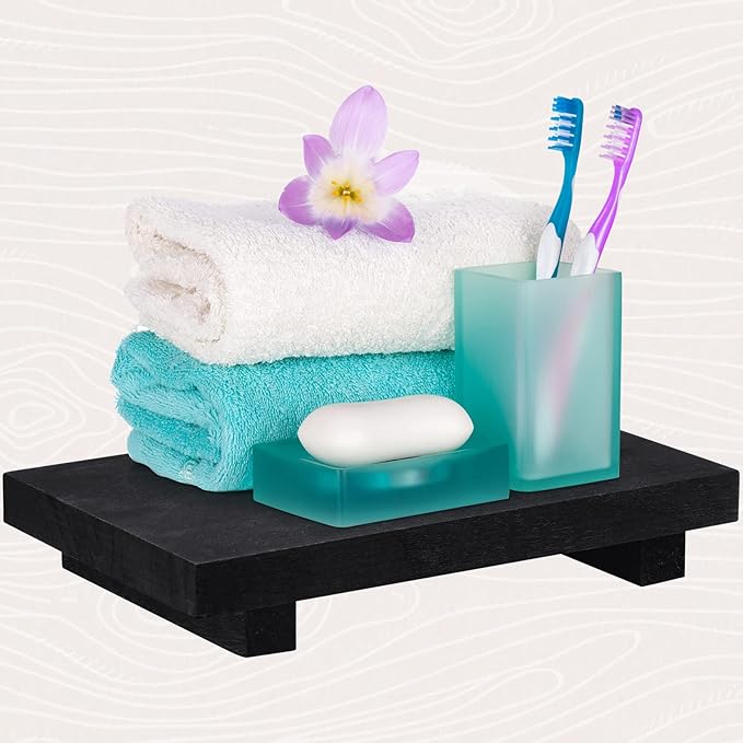 Nuogo Wood Riser Tray Soap, Stand Soap Tray for Kitchen Sink, Wood Pedestal for Kitchen Counter Sink Stand Decorative Rustic Bathroom Dishes Plant Bottles Candles Display(9 x 6 Inch,Black)