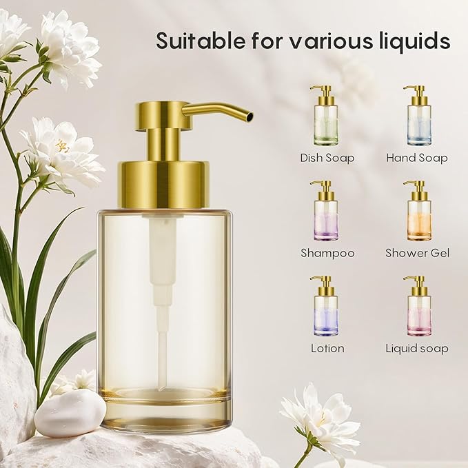Glass Soap Dispenser with Stainless Steel Pump 2 Pack,12oz Thick Glass Gold Hand Liquid Soap Dispenser for Bathroom & Kitchen