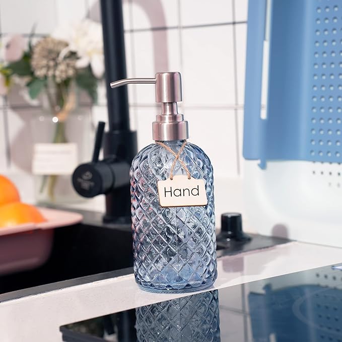 16 oz Diamond Pattern Glass Soap Dispenser, Kitchen and Bathroom Refillable Soap Dispenser with Rust Resistant Stainless Steel Pump for Hand Soap, Lotion Glass Liquid Dispenser(Blue - 2 Pack)