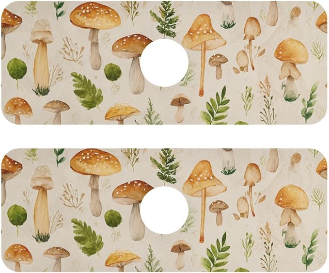 Kitchen Sink Splash Guard 2 PCS 14.7 Inch Sink Faucet Mat Splash Guard for Bathroom Countertop Water Absorbent Foldable Cuttable Soft Washable Watercolor Mushrooms Beige
