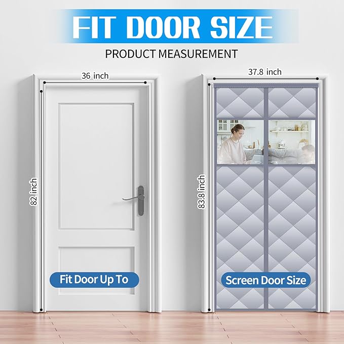 Magnetic Thermal Insulated Door Curtain with Detachable Visible Windows, Thicken Polyester Fiberfill & Durable Oxford Fabric, Hands Free Windproof Door Screen, Fits Door Size up to 36" x 82", Grey