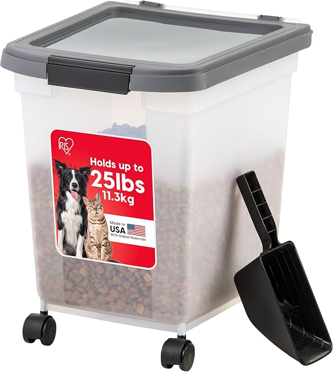 IRIS USA Airtight Dog Food Storage Container 25 lbs, Removable Wheels, for Dog Cat Bird and Other Pets, Food Storage Bin, Keep Fresh, Made in USA, Clear/Dark Gray