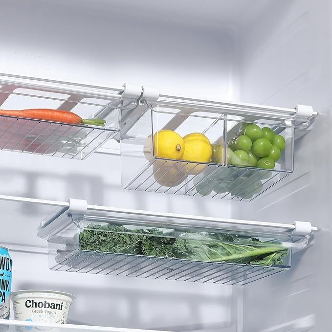 Pull-Out Fridge Drawer Organizer - Under Shelf Storage Bins for Refrigerator Organization for Fruits Vegetables, Cheese & Deli (Tall & Wide with dividers)