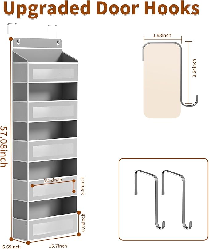 Over The Door Organizer, Over the Door Storage with 5 Large 10 Side Pockets, Hanging Door Organizer 44 lb Load Behind Door Storage, Hanging Shelf for Closet Wall Bedroom Bathroom Nursery, 5-Tier Grey