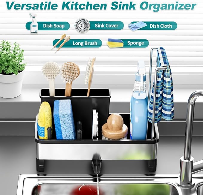 Ewaiira Stainless Steel Sink Caddy, Sponge Holder for Kitchen Sink with Brush Holder & Dishcloth Rack, Rustproof Sink Organizer Countertop, Soap Dispenser Kitchen Organizers Storage Essentials, Black