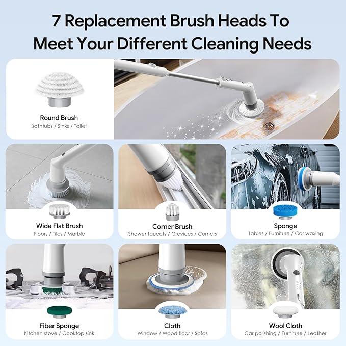 Sorpci Electric Spin Scrubber, 2025 New Cordless Cleaning Brush, Shower Cleaning Brush with 7 Replaceable Brush Heads, Power Scrubber 3 Adjustable Speeds, Detachable Long Handle & IPX7 Waterproof