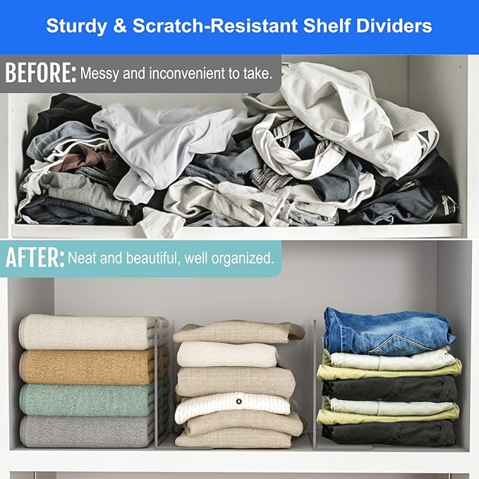 OKPOW Shelf Dividers Closet Organizer - 7.5" Tall X 11.8" Deep Acrylic Clear Sturdy Separate for Clothes Purse - Adjustable Space Saver Easy Install for Home Organization Enthusiasts 4 Pack