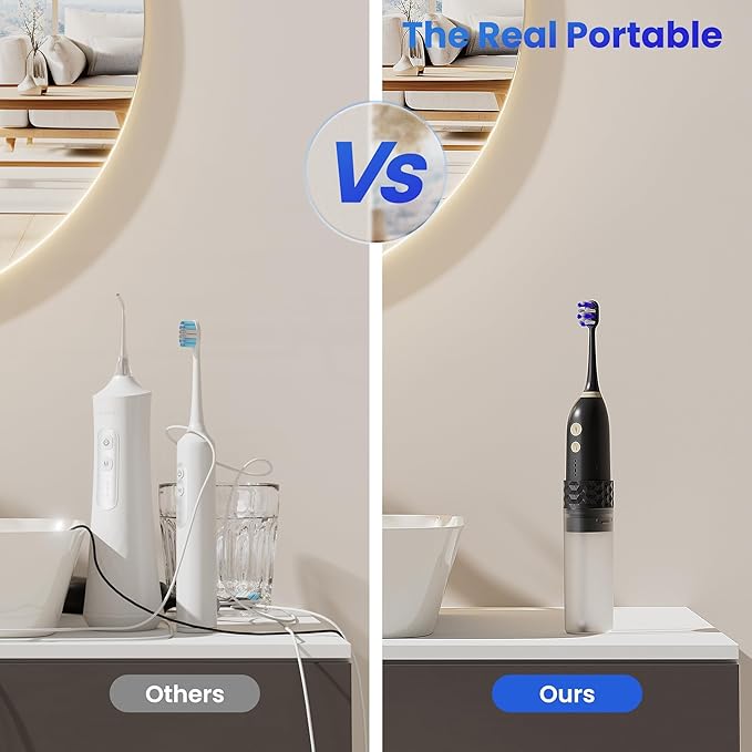 Electric Toothbrush with Water flosser, 2 in 1 Teeth Cleaning Kit, Toothbrush and Water flosser Combo, 25-Day Battery, Travel Toothbrush with Water Bottle(Black)