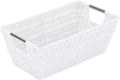 Simplify 11"x6.5"x4.5" Small Shelf Storage Woven Basket with Handles, Nursery, Playroom, Toys, Bedroom, Closet, Clothes, Office, Decorative Rattan Totes, White