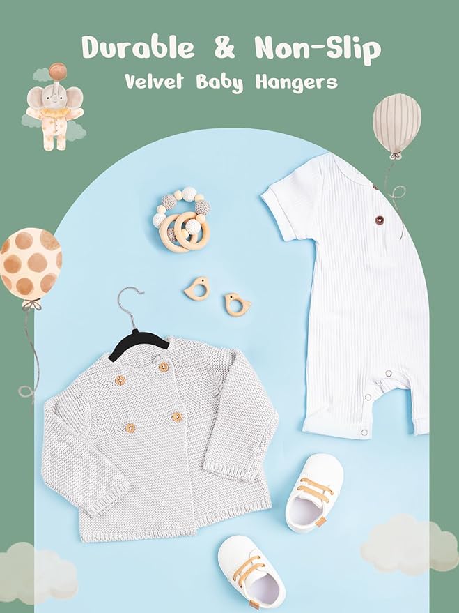 HOUSE DAY 11 Inch Velvet Baby Hangers 50 Pack Black, Premium Kids Hangers for Children/Infant/Toddler Clothes, Durable Non Slip Small Baby Felt Hanger for Closet, Ideal for Everyday Use