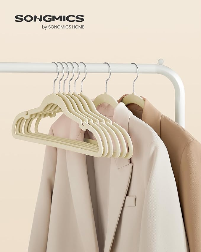 SONGMICS Velvet Hangers 50 Pack, Non-Slip Clothes Hangers, Suit Hangers with Shoulder Notches, Pants Bar, 360° Swivel Hook, Space-Saving, for Closet, Sand Beige UCRF029K05