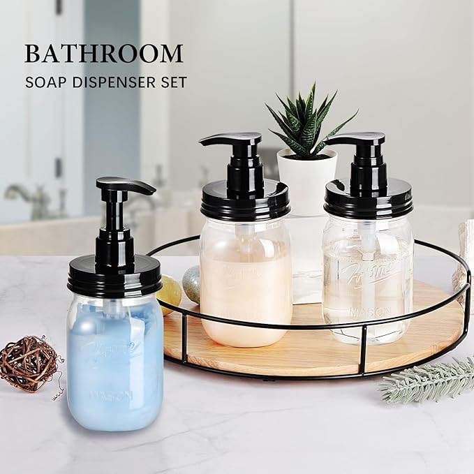 Amolliar Plastic Mason Jar Soap Dispenser with Pump Lid,16OZ Refillable BPA-Free Hand Soap Dispenser Set with Cute Lables - Farmhouse Decor for Kitchen/Bathroom,Liquid Soap,Dish Soap, Lotion (3 Pack)