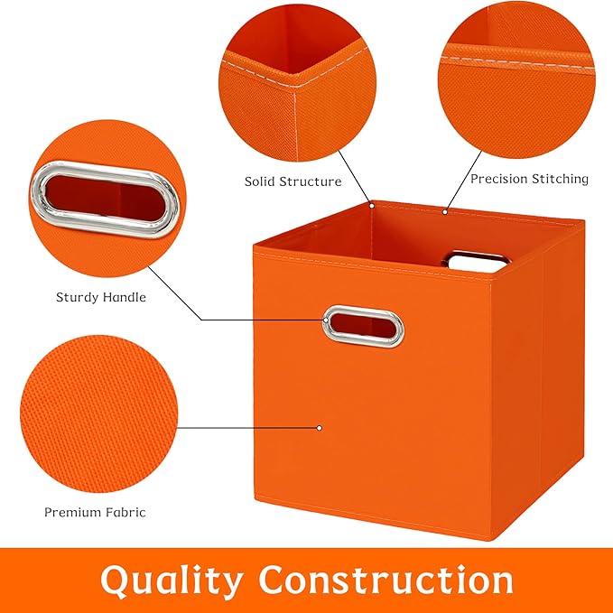 Fabric storage bins Cubes, Fabric Cube Organizer with Handle, Foldable Cube Bins for Cloth or Accessary Storage, 11x11x11, Set of 3, (Orange)