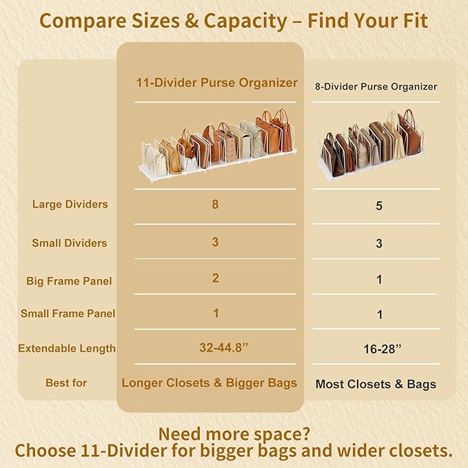 11-Pack Adjustable Shelf Dividers, Expandable Purse Organizer for Closet (32–44.8"), Purse Storage Handbag Organizer for Closet Shoe Cabinet，White
