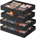 Lifewit Under Bed Shoe Storage Organizer 4 Pack(2x14 Pairs+2x4 Pairs), 4.3" Tall Fabric Shoes Container Box, Foldable Closet Shoe Bag with 2 Reinforced Handles and Clear Cover, Black
