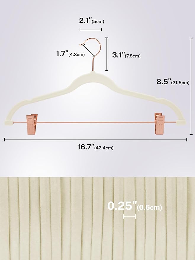 HOUSE DAY Velvet Skirt Hangers 24 Pack, Non Slip Pants Hangers with Rose Gold Clips, Slim Hanger with Clips, Velvet Clip Hanger for Jeans, Trouser, Dresses, Coats (Ivory)