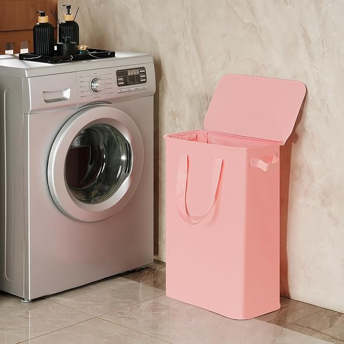 efluky Slim Laundry Basket with Lid, Narrow Laundry Hamper with Handles, Collapsible Dirty Clothes Hamper, Tall Laundry Bin for Laundry Room, Dorm and Bedroom, 55L Pink