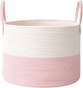 65L Extra Large Blanket Basket for Living Room - Woven Cotton Rope Laundry Hamper with Reinforced Handles - Storage Bin for Pillows, Comforters & Toys - Machine Washable,White&Pink