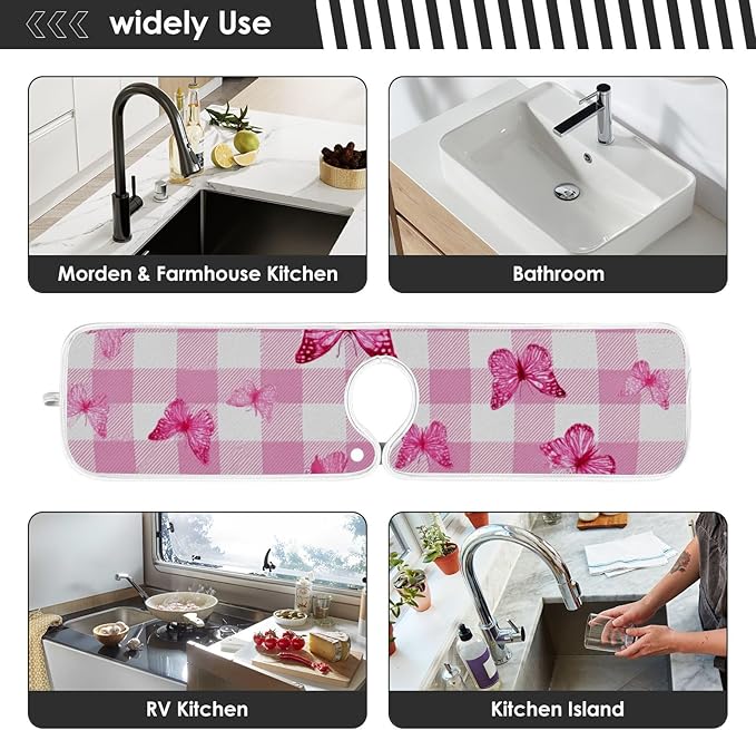 Sink Faucet Absorbing Mat Kitchen Sink Splash Guard Splash Faucet Drip Catcher for Bar RV Bathroom 2PCS 14.9x5.5in Checkered Pink and White Butterflies