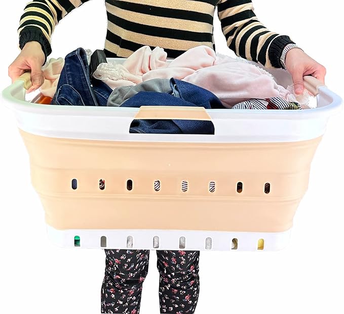 SAMMART 42L (11 gallon) Collapsible Plastic Laundry Basket - Foldable Pop Up Storage Container/Organizer - Portable Washing Tub - Space Saving Hamper/Basket (White/Latte)