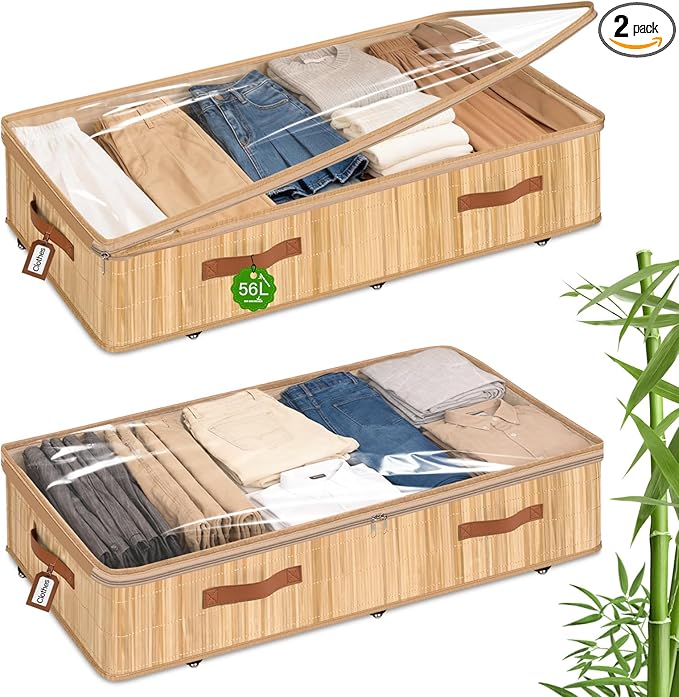 Livole 2 Pack Bamboo Under Bed Storage with Wheels, 6 inches Underbed Storage Containers, 56L XXL Rolling Under Bed Storage Bins with Clear Lid & Label for Clothes, Blankets, Sweater, Shoes