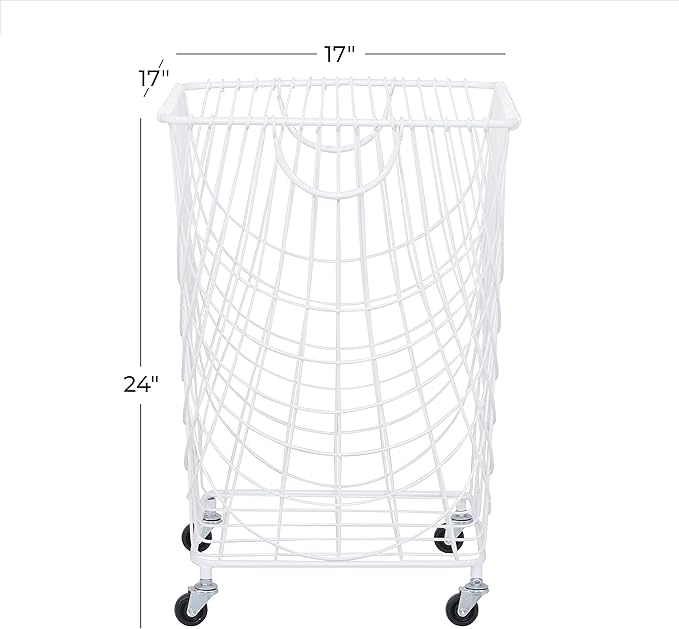 Deco 79 Metal Storage Cart Deep Set Mesh Rolling Laundry Basket , 17" x 17" x 24", White