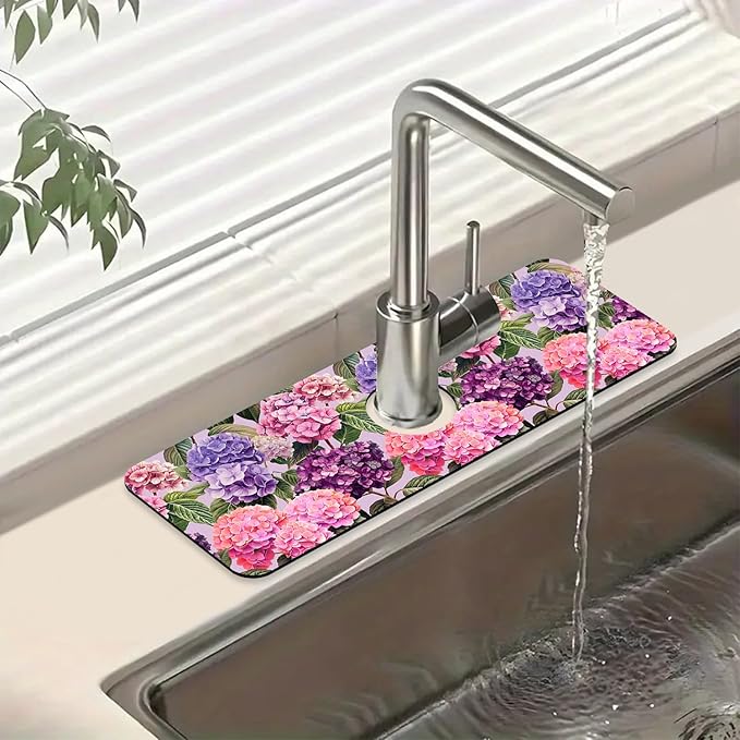 Colorful Hydrangea Sink Splash Guard Faucet Mat Purple Pink Hydrangea Super Absorbent Fast Drying Mat Sink Gadgets-Splash Guard Behind Faucet Drip Catcher for Kitchen Bathroom, 15.5"x5.5"