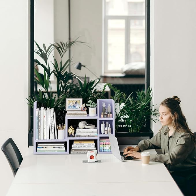 Desk Shelves Desktop Orgnizer Shlef - Purple Office Organization for Top of Desk Organizers and Accessories Corner Bookshelf Table Top Shelving Small Hutch Decorations for Women Office