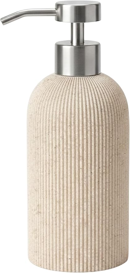 Lunestella Sand Beige Hand Soap Dispenser with Stainless Steel Pump, for Bathroom and Kitchen, Luxury Farmhouse, Boho & Zen Style, Sandstone Finish, Rust Proof, 7oz