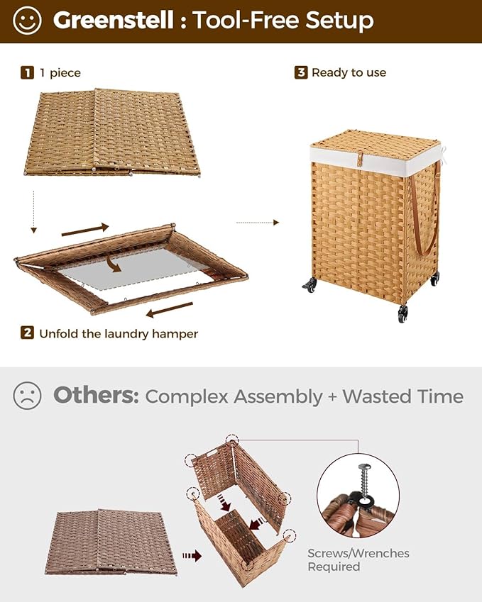 Greenstell Laundry Hamper with Wheels, No Install Needed, 90L Divided Handwoven Hampers & 2 Removable Liner Bags, Synthetic Rattan Clothes Laundry Basket with Lid & Handles, Foldable Hampers Natural