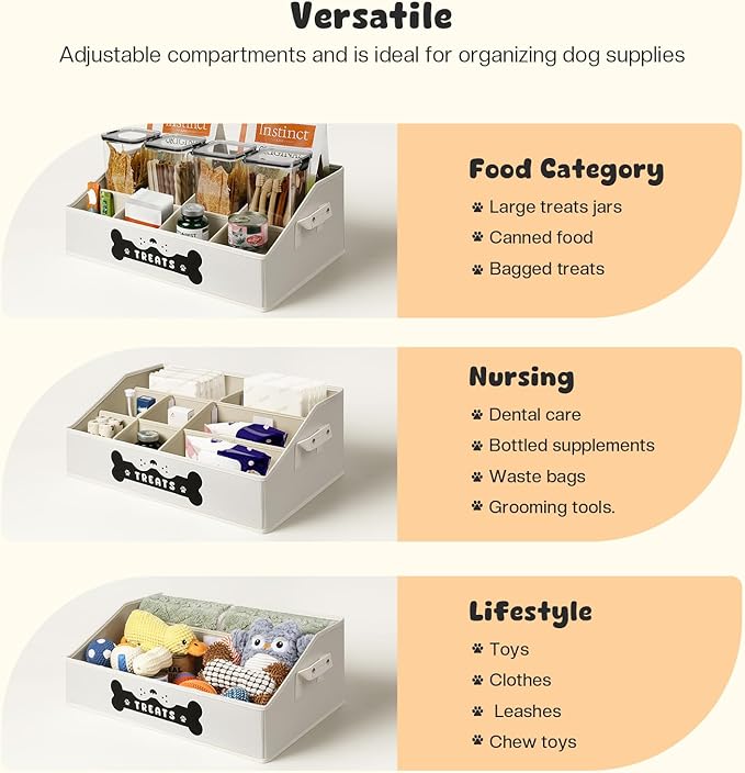 Dog Treat Container, Dogs Storage Organizer with Removable Dividers, Collapsible Dogs Treat Holder for Countertop, Trapezoid Pet Treats Containers, Dog Toy Basket with PU Handles, Large, Beige