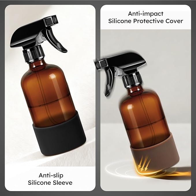 Tecohouse 2 Pack 360° Amber Glass Spray Bottles with Silicone Sleeve, 16 oz Empty Refillable Containers with Adjustable Spray Nozzles, Dark Spray Bottles for Cleaning Solutions, Plants (Black & Brown)