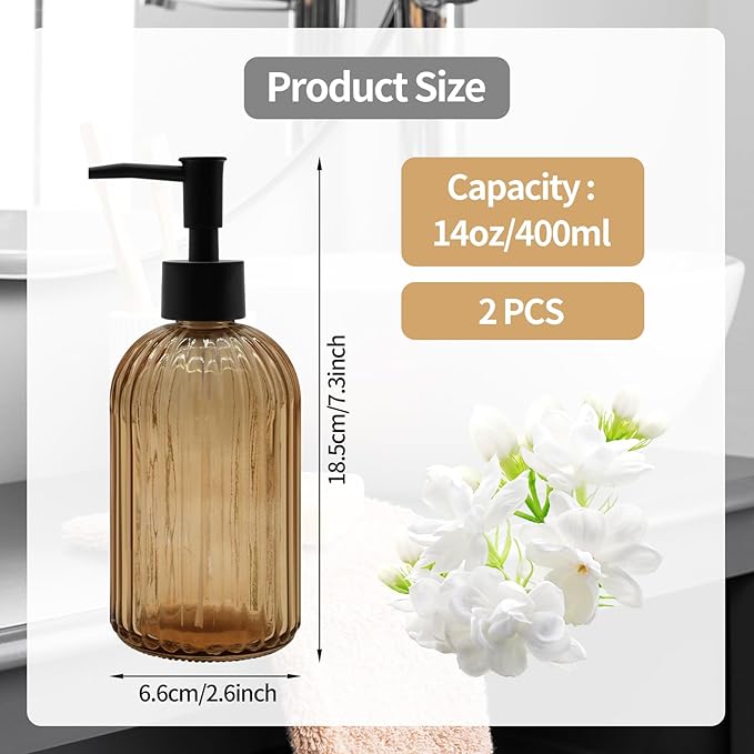 2 Pack 14oz Amber Glass Soap Dispenser with Black Pump – Refillable for Hand Soap, Dish Soap, Lotion, Suited for Kitchen, Bathroom & Laundry Room (Brown)