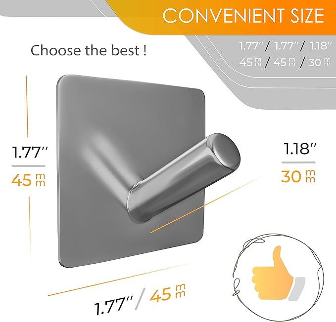 Brushed Nickel Self Adhesive Towel Hooks for Bathroom Wall Door Mounted - SUS304 Stainless Steel Strong Strips Stick on 3M Wall Hooks for Hanging Coat, Hat, Bag, Key, Jacket – 4 Pack