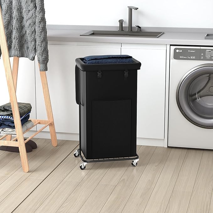 100L Large Laundry Hampers with Lid, Oxford Fabric Laundry Hampers Clothes Hampers, Metal Frame and Removable Bag Design with Wheels, Suitable for Bedroom, Bathroom (100L Black&Lid, 100L)